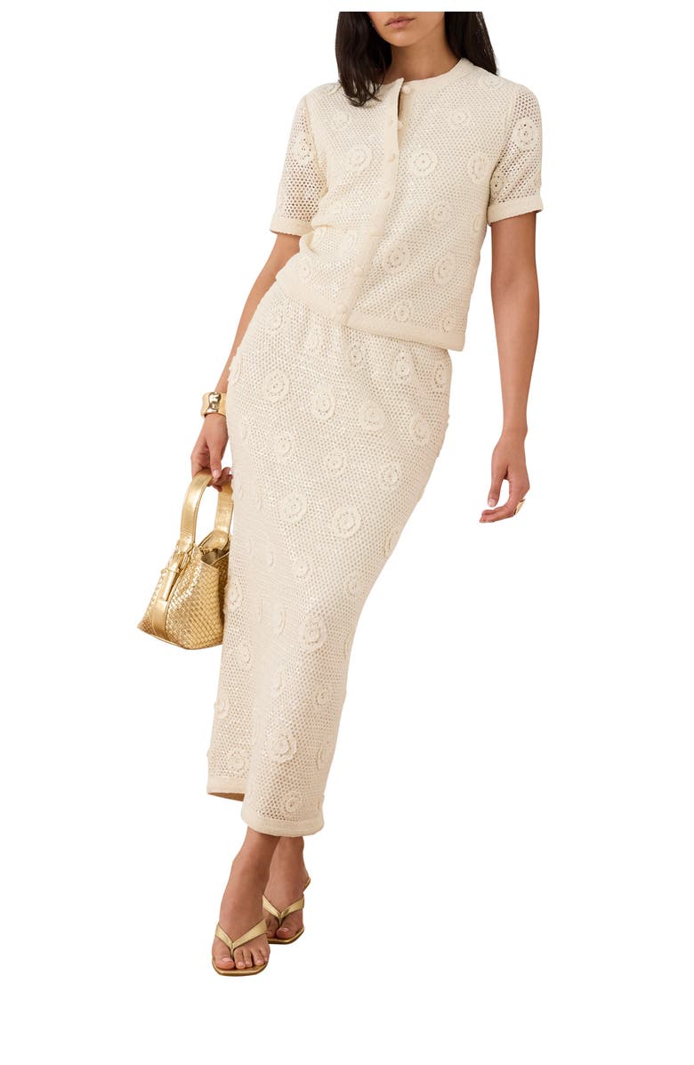 MINT VELVET Sequin Floral Crochet Midi Skirt, Main, color, Natural