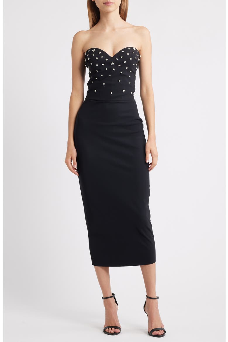 Mahta Rhinestone Detail Strapless Cocktail Dress, Main, color, BLACK
