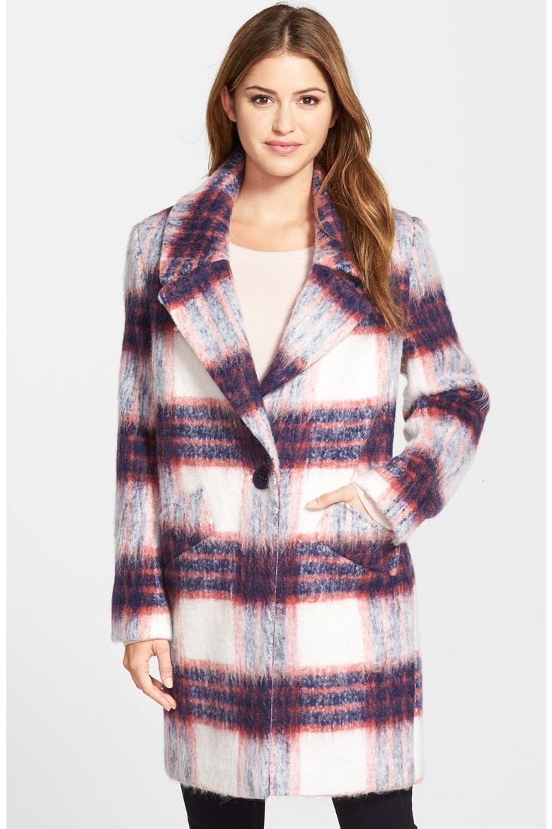 Brushed Plaid Reefer Coat, Main, color, NAVY PLAID