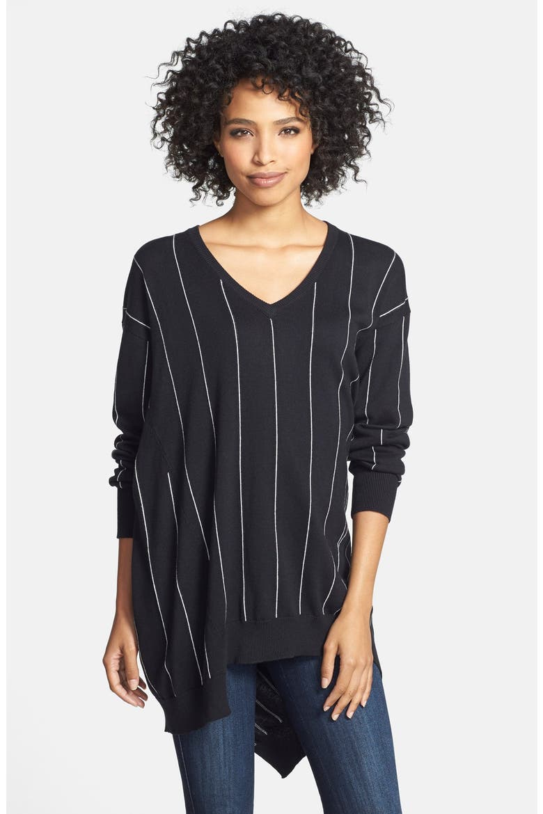 Pinstripe Oversize V-Neck Sweater, Main, color, RICH BLACK