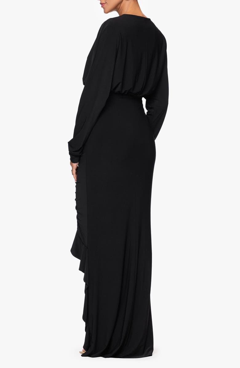 Xscape Evenings Plunge Neck Long Sleeve Ruched High-Low Gown, Alternate, color, Black