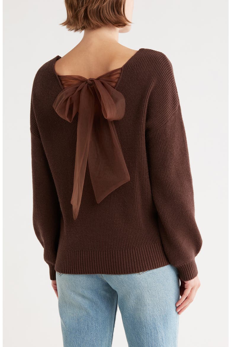 Bow V-Neck Sweater, Alternate, color, BROWN