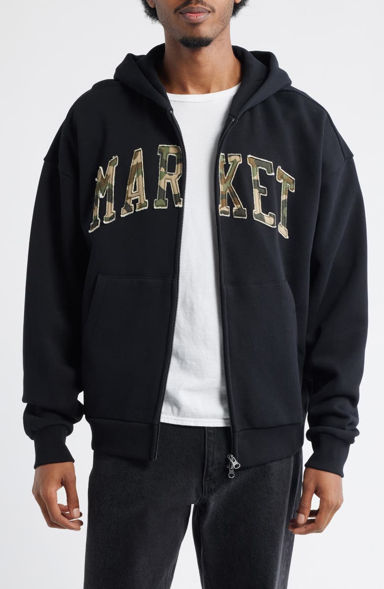MARKET Camo Arc Appliqué Logo Zip Hoodie, Main, color, Pirate-Black