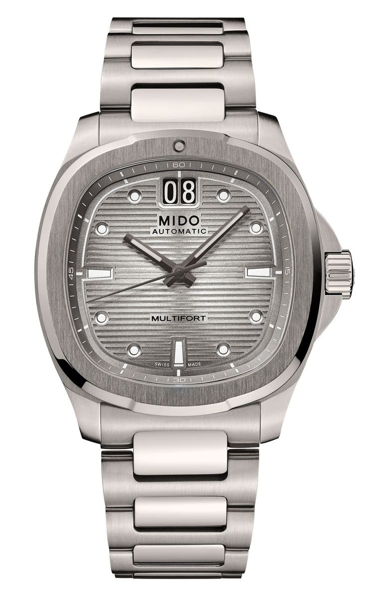 MIDO Multifort TV Big Date Automatic Bracelet Watch, 39.2mm x 40mm, Main, color, Grey