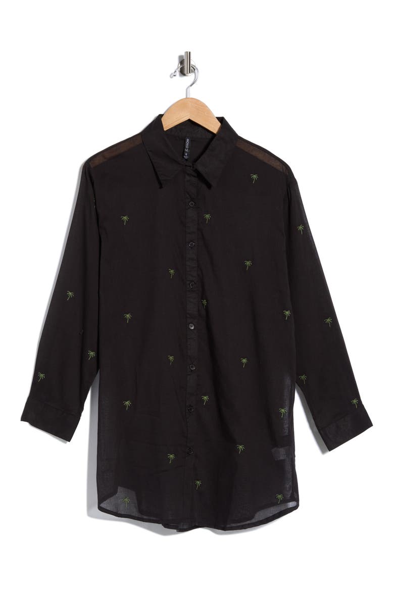 Palm Tree Embroidered Cotton Shirt Cover-Up, Alternate, color, BLACK
