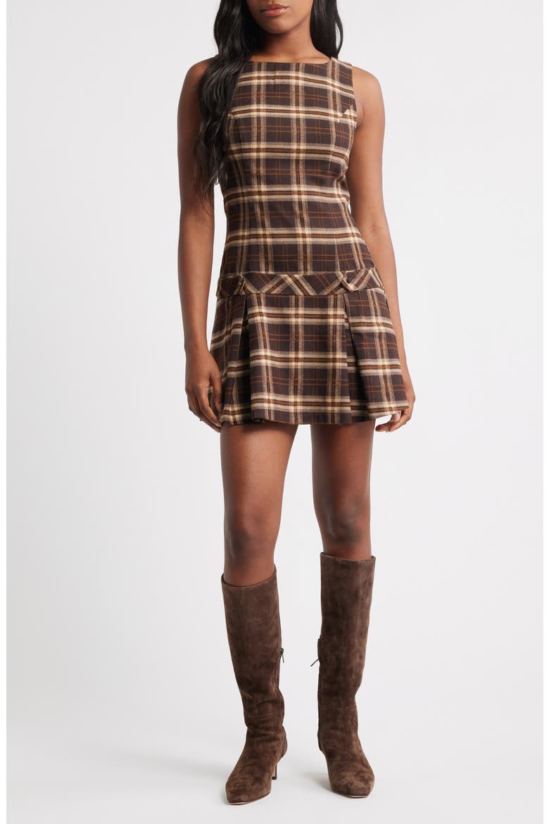 Plaid Sleeveless Minidress, Main, color, BROWN