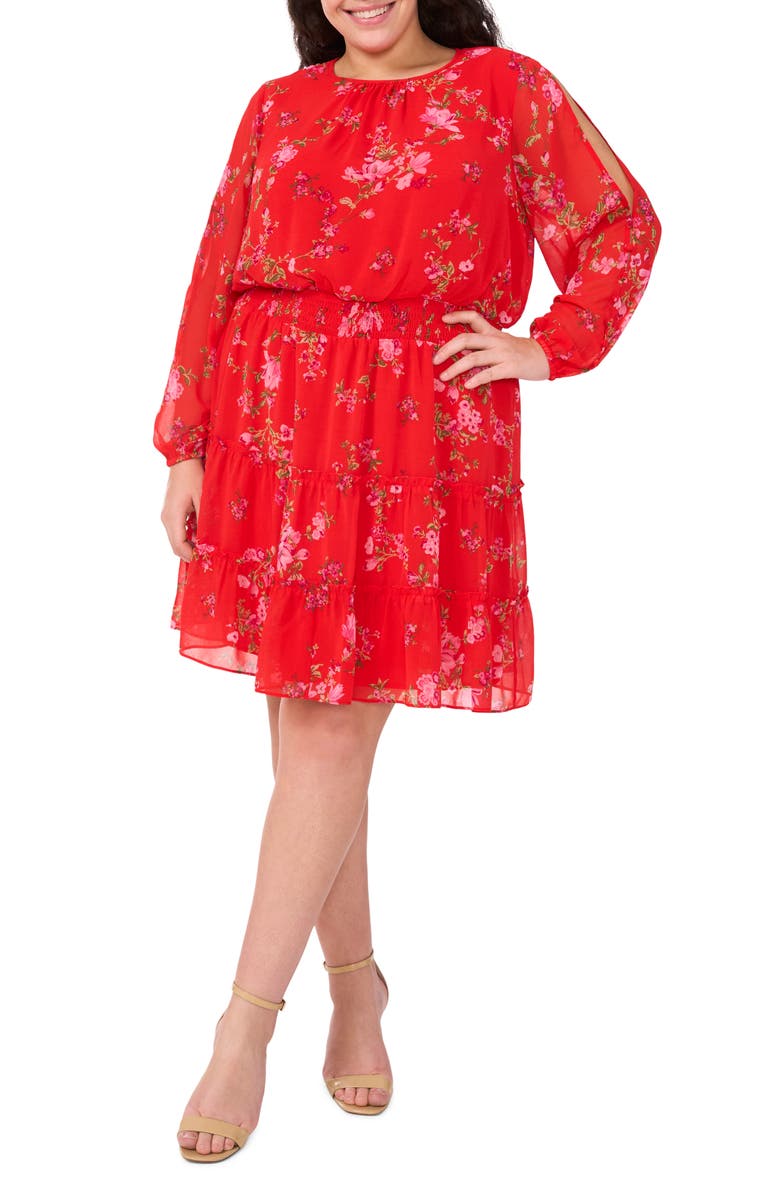 CeCe Floral Cold Shoulder Long Sleeve Tiered Dress, Main, color, 