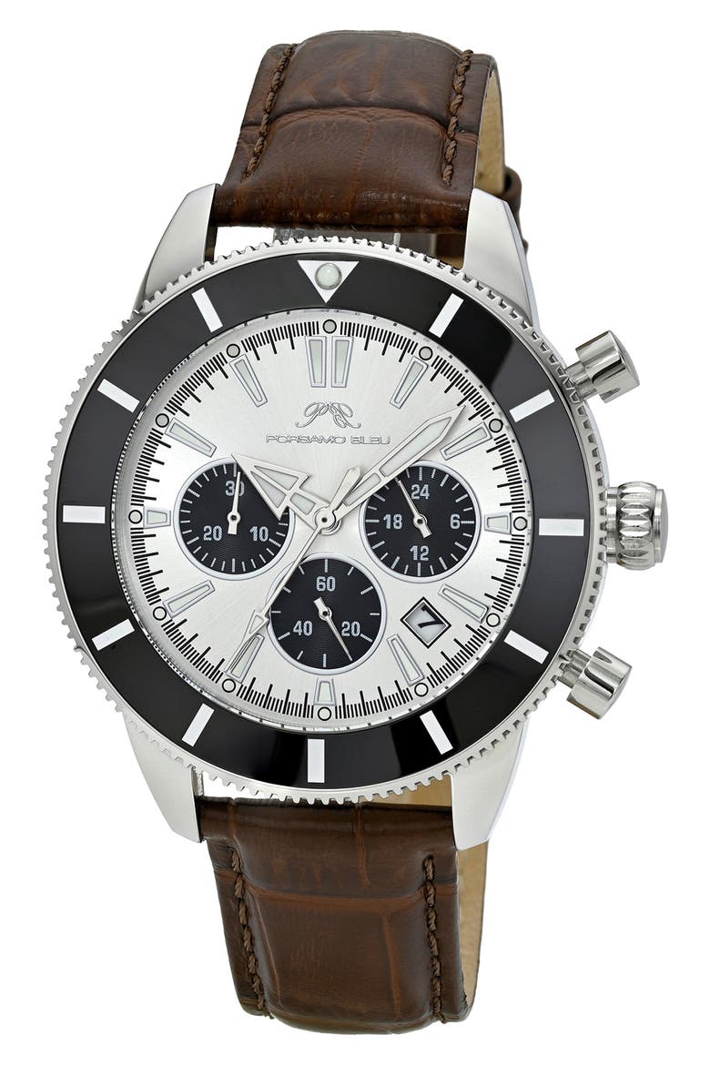 Brandon Chromograph Leather Strap Watch, 44mm, Main, color, BROWN/SILVER