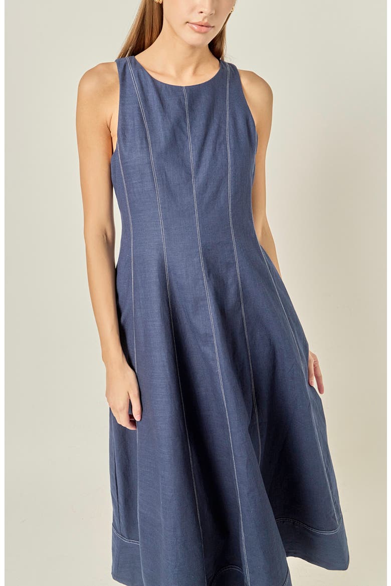 Stitch Detail Linen Midi Dress, Alternate, color, NAVY