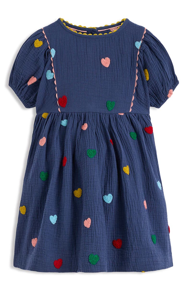 Mini Boden Kids' Puff Sleeve Double Cloth Dress, Main, color, Starboard Blue Hearts