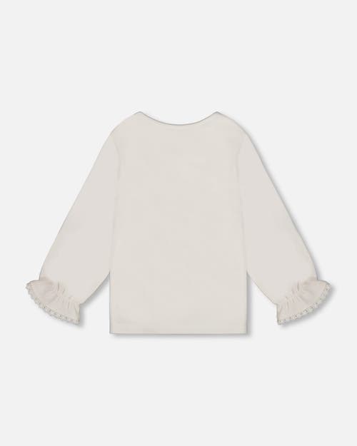 Deux Par Deux Jersey Top With Embroidered Floral Sleeves In White