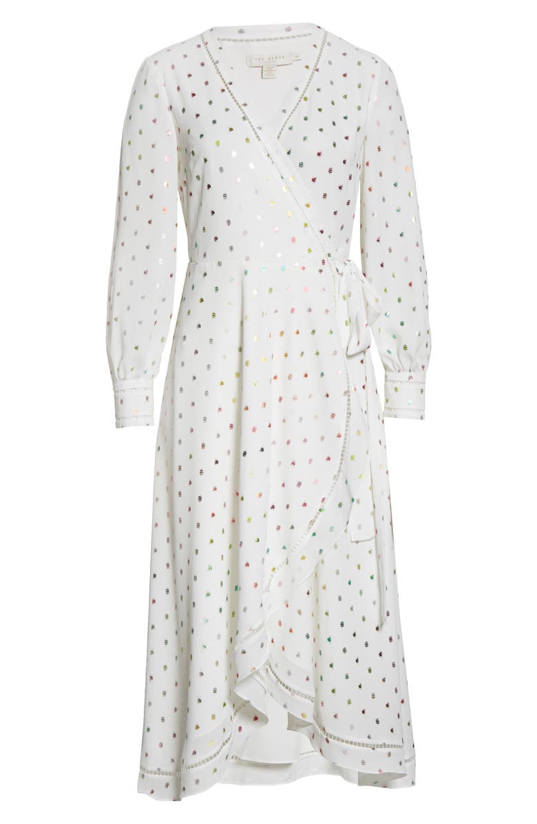 Ted Baker London Tansie Metallic Dot Long Sleeve Wrap Dress, Alternate, color, Ivory