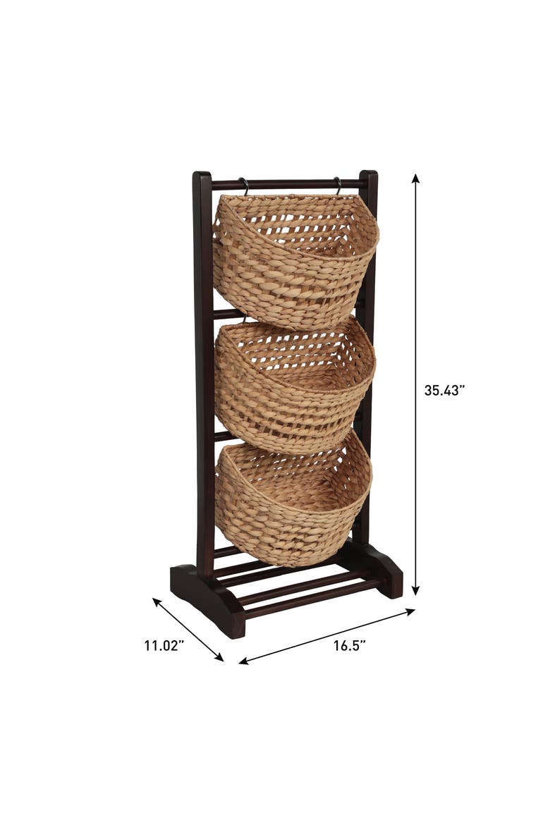 Havana Handcrafted Pine Wood 3-Tier Floor Stand with Water Hyacinth Baskets Storage Rack, Alternate, color, Brown
