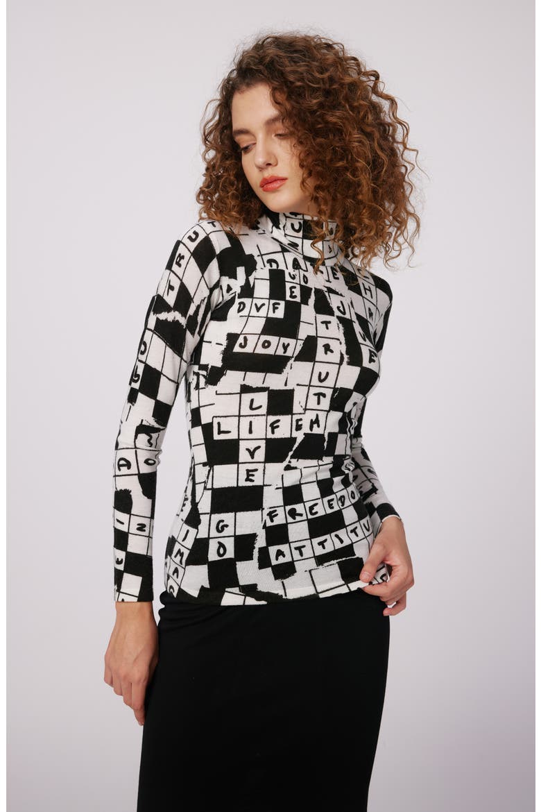Brandy Crossword Print Merino Wool Turtleneck Sweater, Alternate, color, DVF 50TH CROSS WORD IVORY MED