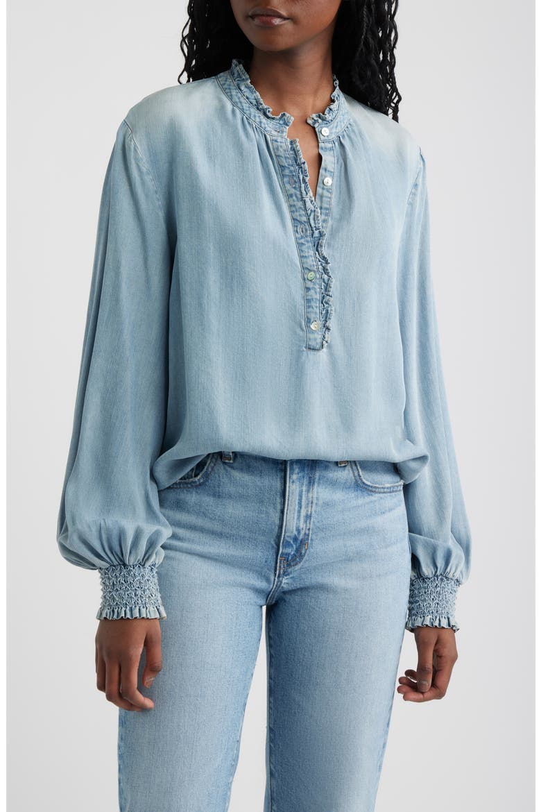 Kimmy Ruffle Chambray Top, Main, color, WASHED BLUE