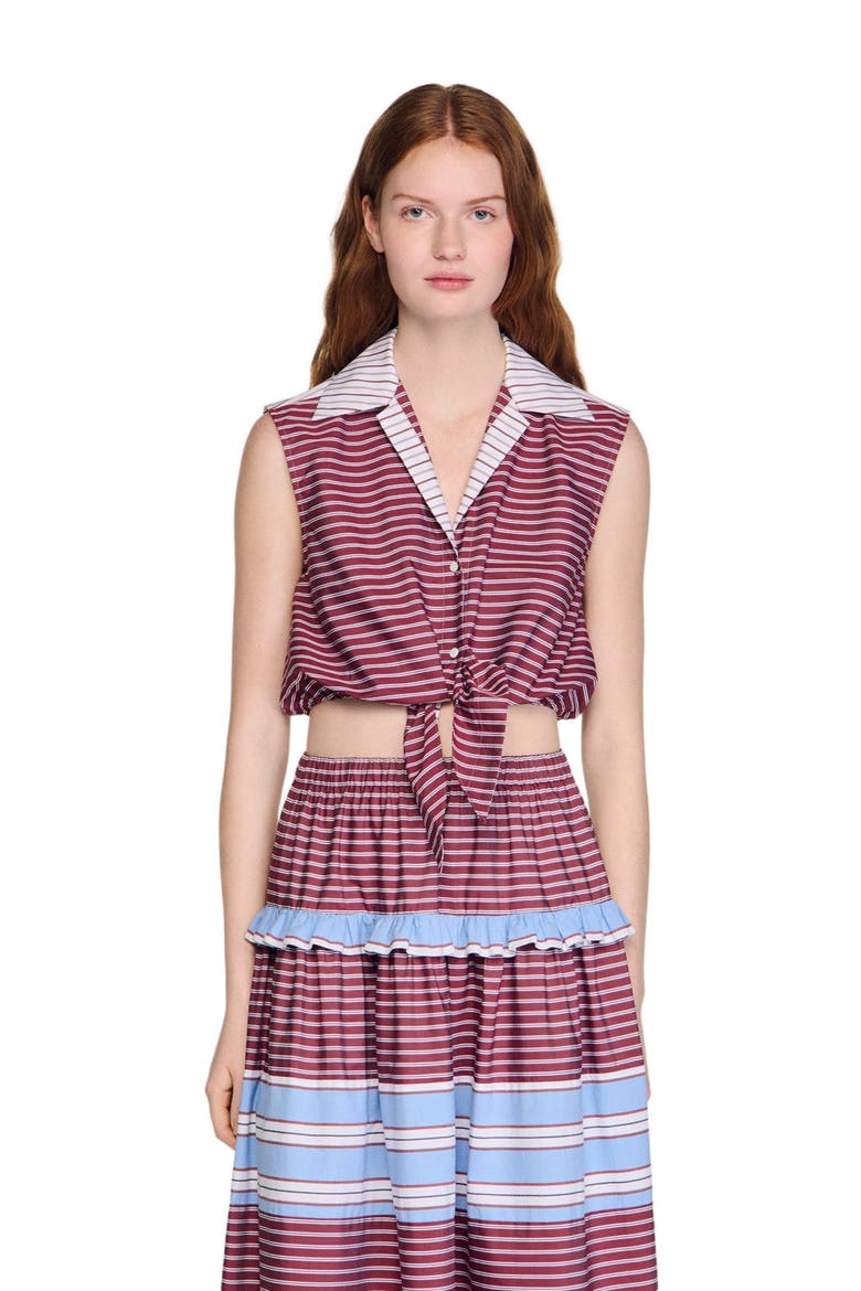 Cropped striped cotton shirt, Alternate, color, Burgundy / white