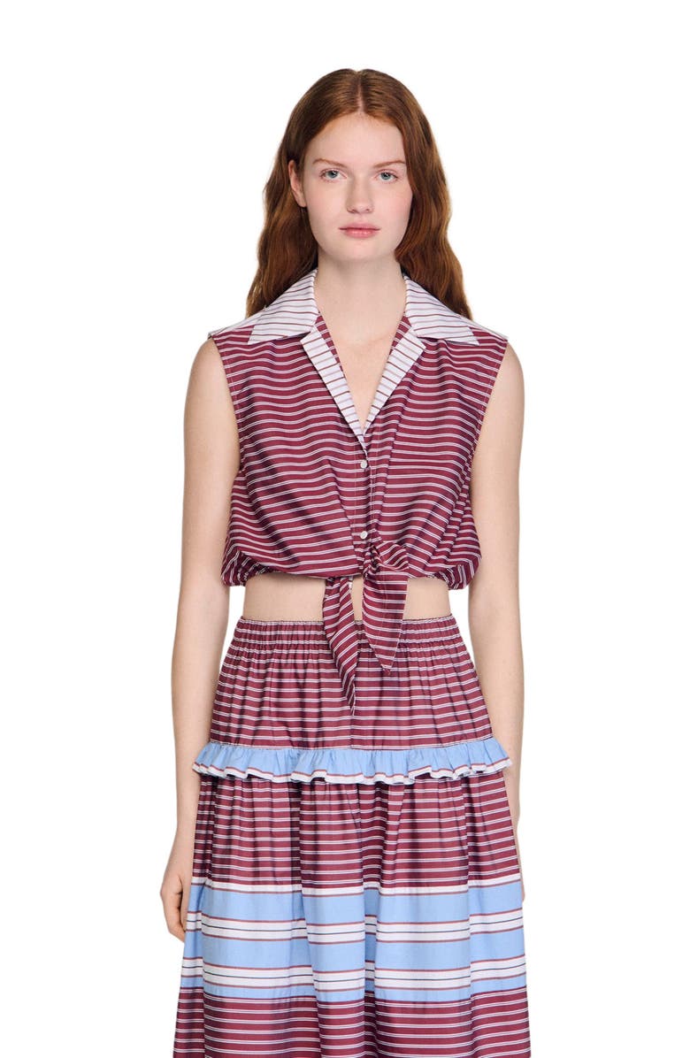 SANDRO Cropped striped cotton shirt, Alternate, color, Burgundy / White