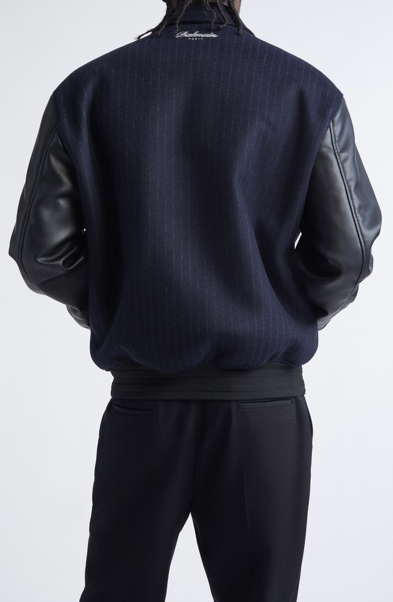Balmain Pinstripe Mixed Media Varsity Jacket, Alternate, color, Spw Navy/ Multi