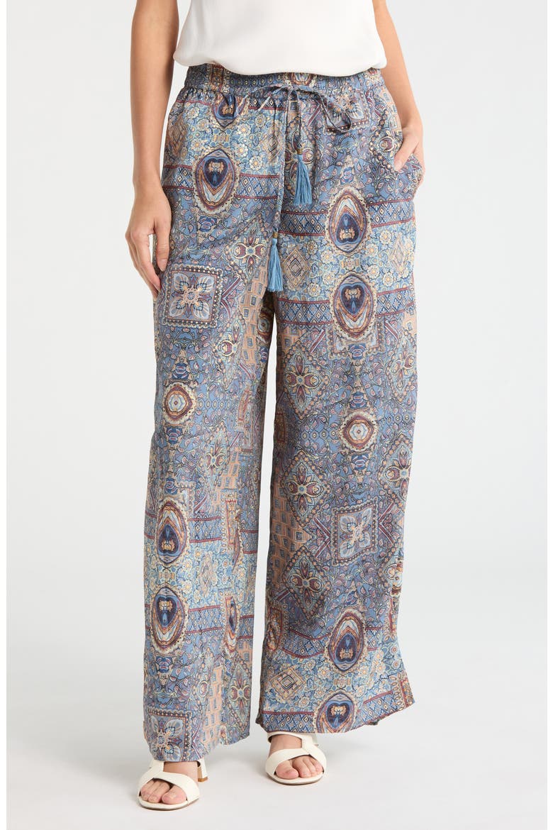 Patchwork Print Pull-On Wide Leg Pants, Main, color, BLUE PATCHWORK PRINT