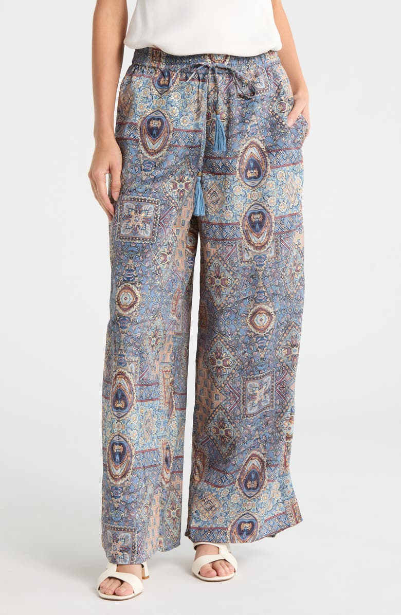 T Tahari Patchwork Print Pull-On Wide Leg Pants, Main, color, Blue Patchwork Print