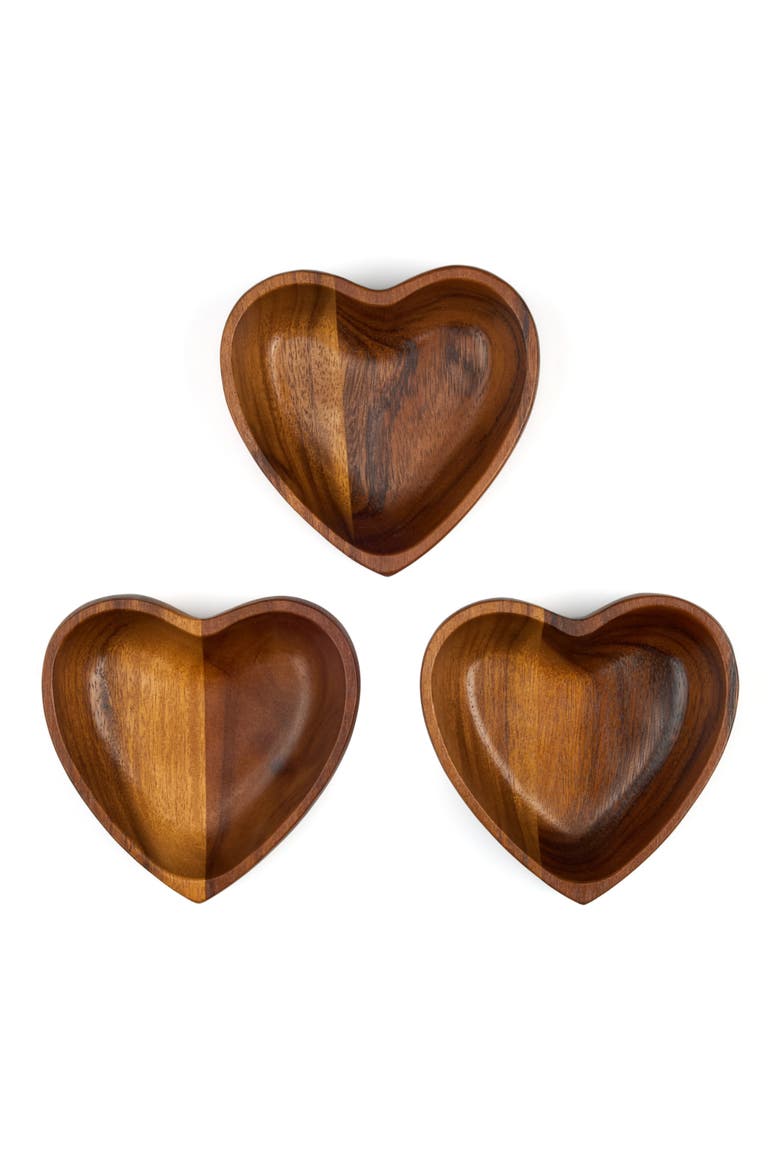 Eat Your Heart Out Set of 3 Small Acacia Wood Bowls, Main, color, BROWN