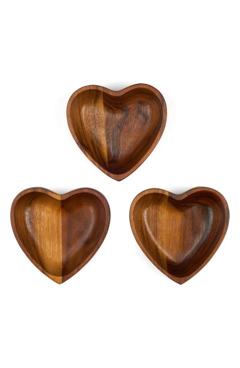 Eat Your Heart Out Set of 3 Small Acacia Wood Bowls