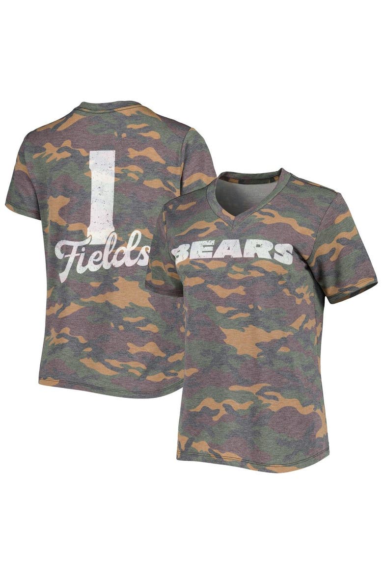 Women's Majestic Threads Justin Fields Camo Chicago Bears Name & Number V-Neck Tri-Blend T-Shirt, Main, color, Camo