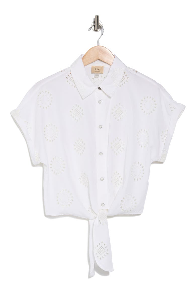 Embroidered Eyelet Short Sleeve Tie Front Shirt, Alternate, color, WHITE/ WHITE