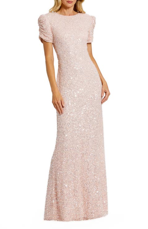 Beaded Mesh High-Neck Puff-Sleeve Formal Gown