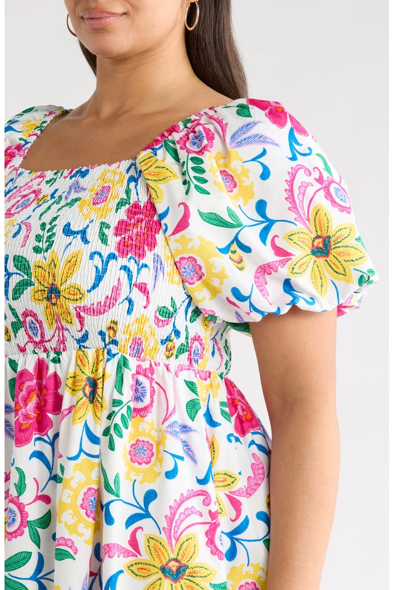 Kress Floral Print Smocked Midi Dress, Alternate, color, WHITE MULTI