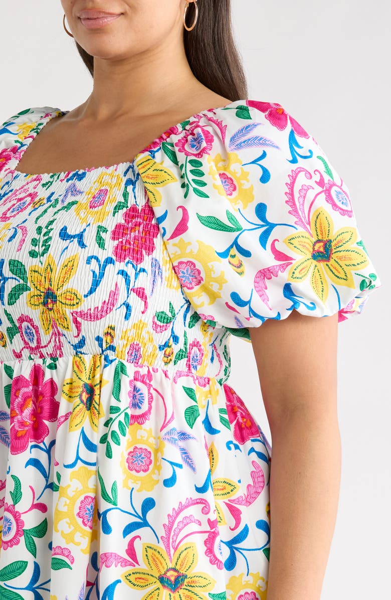 SUGARLIPS Kress Floral Print Smocked Midi Dress, Alternate, color, White Multi