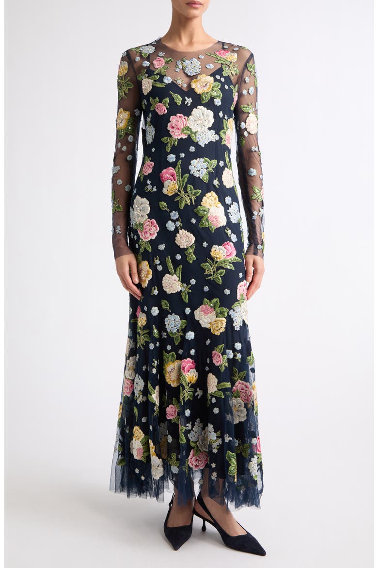 Floral Embroidered Sheer Long Sleeve Midi Dress, Main, color, MIDNIGHT