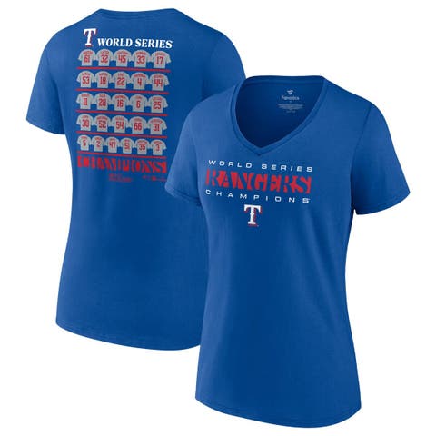 Women's Fanatics Branded Royal Texas Rangers 2023 World Series Champions Jersey Roster V-Neck T-Shirt