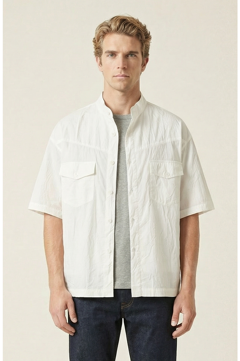 Stand Collar Short Sleeve Shirt, Main, color, Off-White
