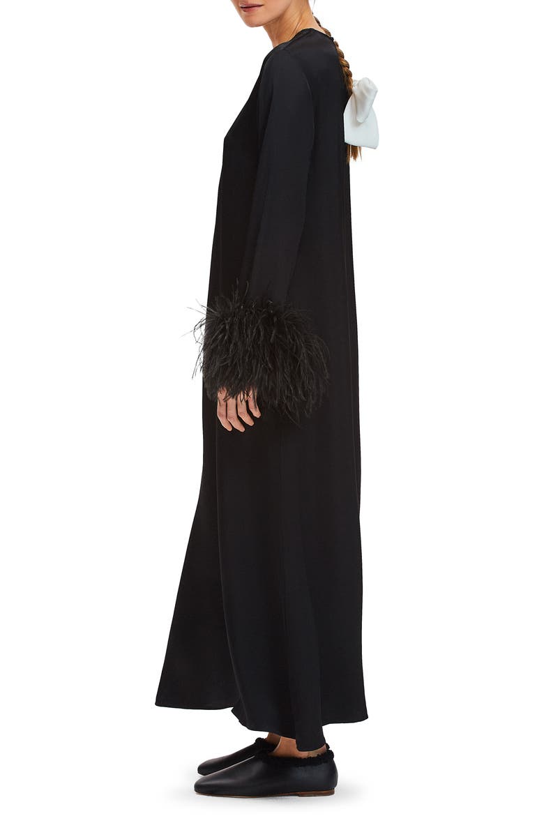 Suxi Feather Trim Maxi Nightgown, Alternate, color, BLACK