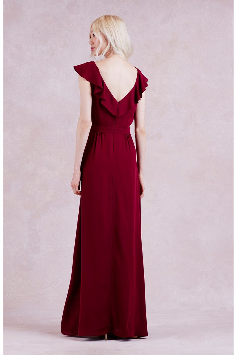 by Lauren Conrad Print Crepe Ruffle V-Neck Gown, Alternate, color, SPICED WINE