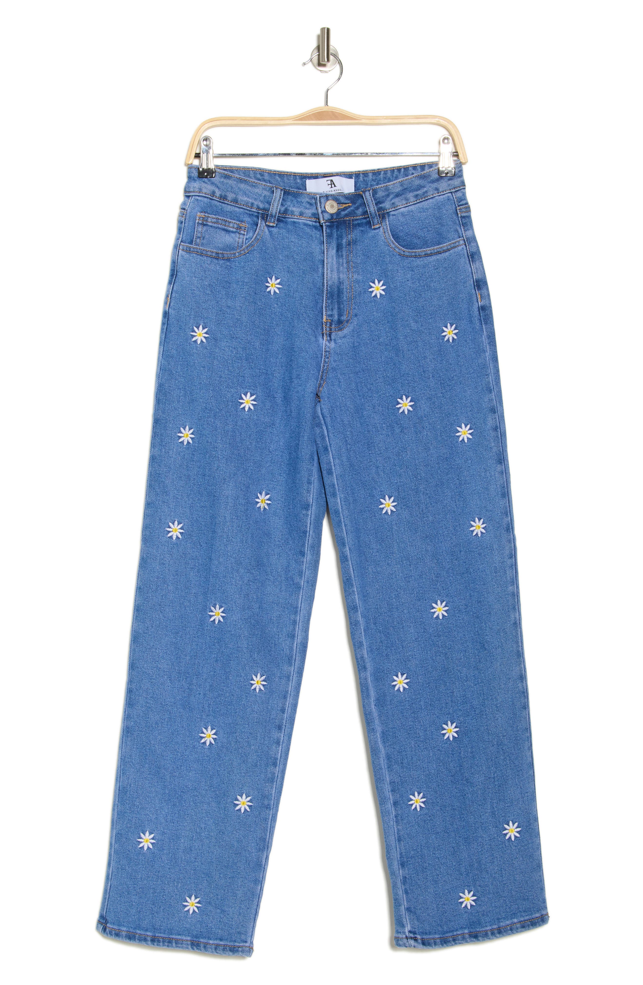 FLYING ANGEL Daisy Embroidered Straight Leg Jeans (Women