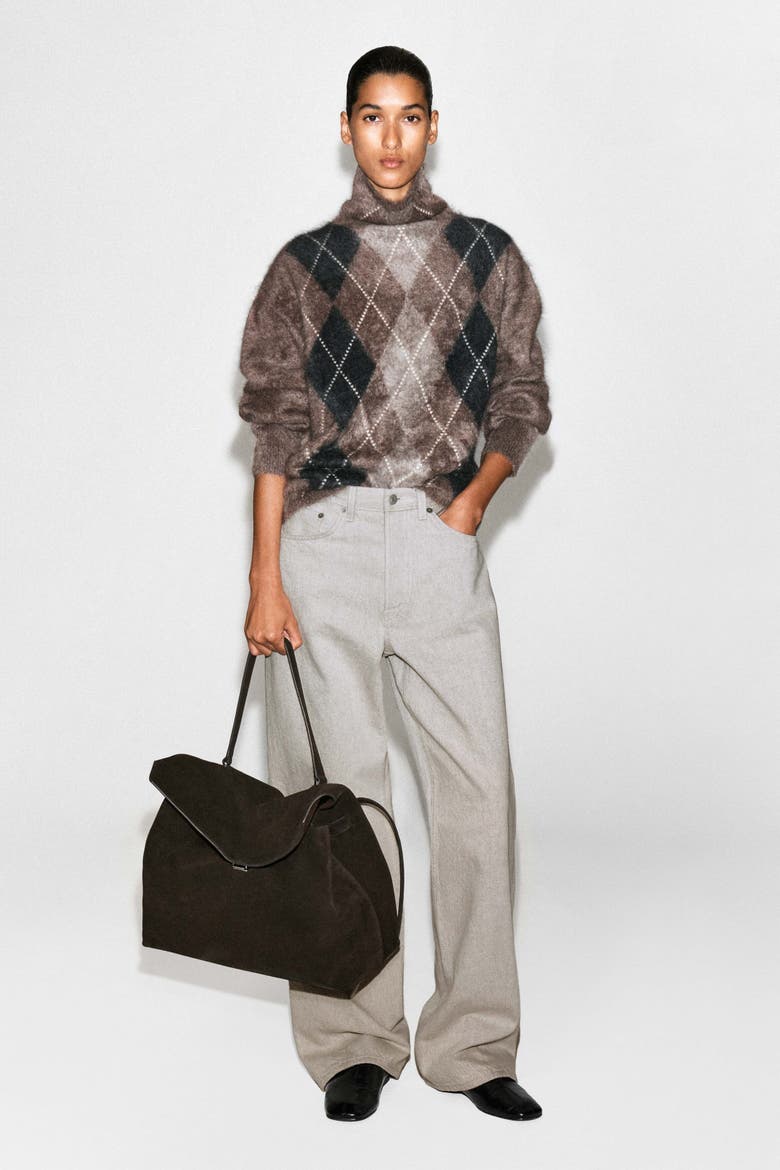 Argyle Brushed Pure Cashmere Mock-neck Sweater, Alternate, color, BROWN