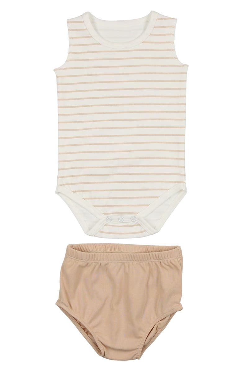 Manière Stripe Bodysuit & Bloomers Set, Main, color, Sand