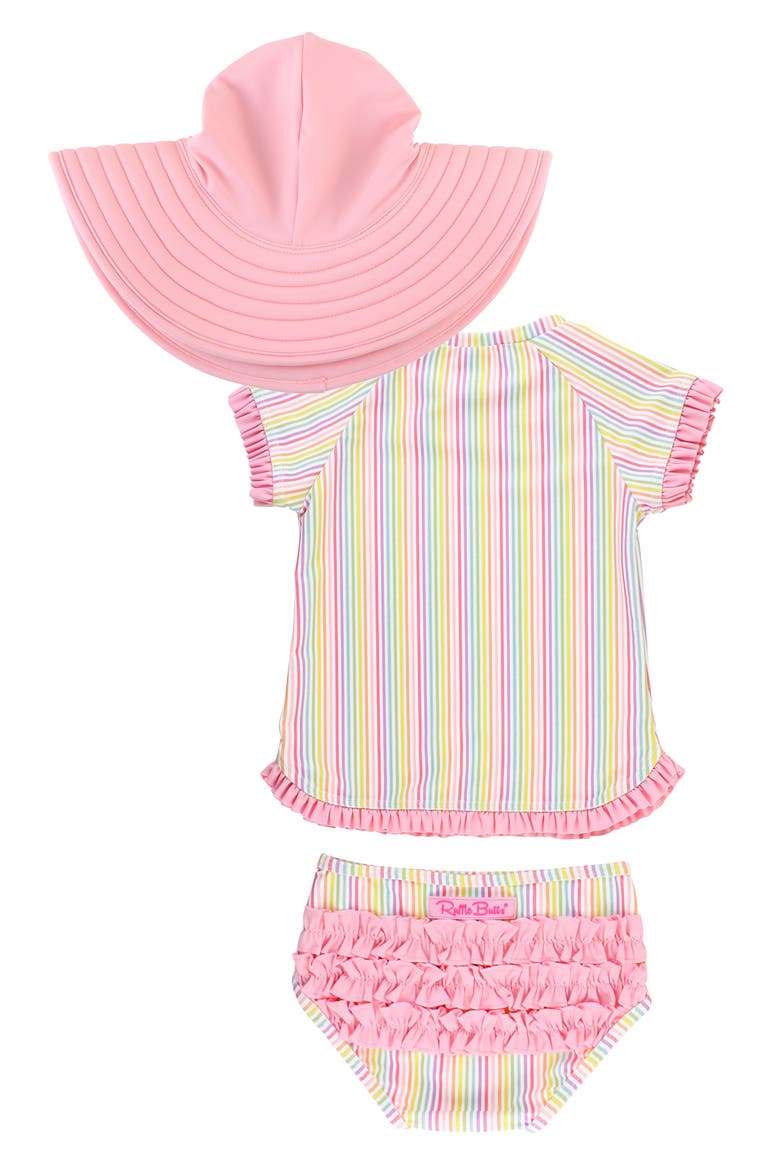 Rainbow Stripe Two-Piece Rashguard Swimsuit & Sun Hat Set, Alternate, color, PINK