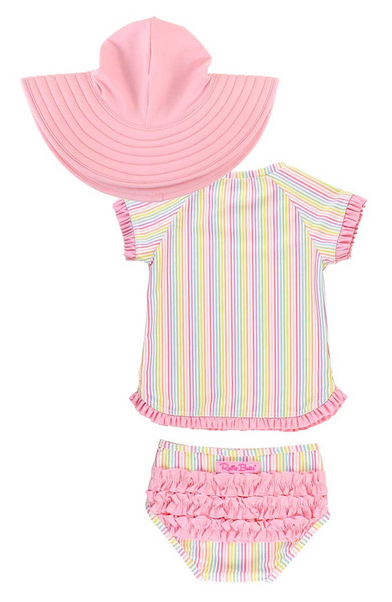 RuffleButts Rainbow Stripe Two-Piece Rashguard Swimsuit & Sun Hat Set, Alternate, color, 