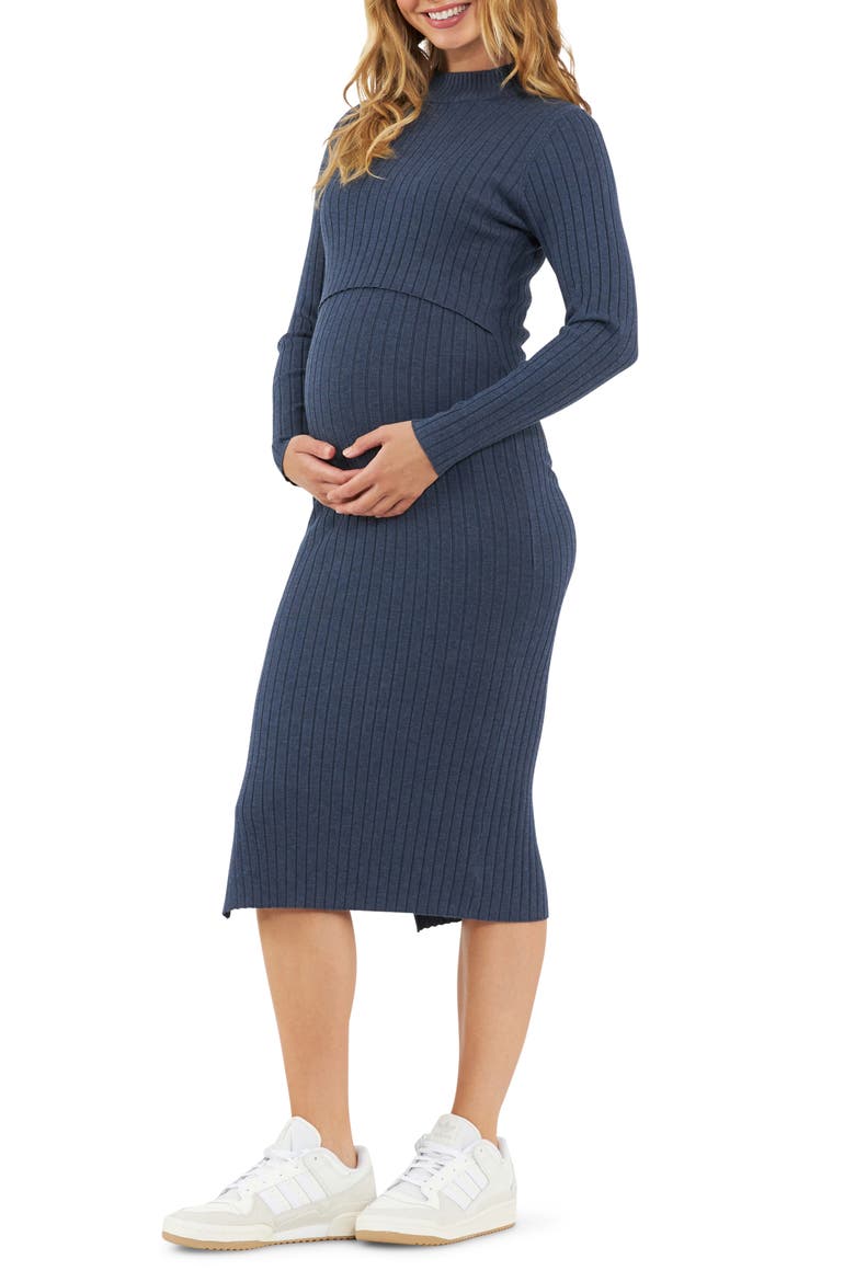 Nella Knit Ribbed Maternity and Nursing Midi Dress, Main, color, DENIM MARLE