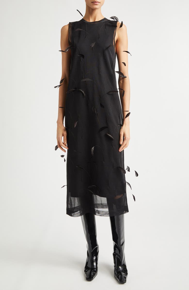 Jil Sander Feather Appliqué Layered Shift Dress, Main, color, Black