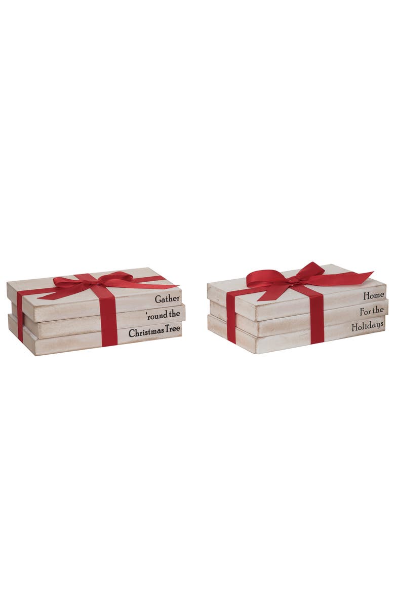 Transpac Large Wood Rustic Holiday Book Stack Set of Two Christmas Decor, Main, color, White
