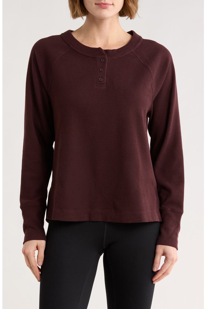 Zen Relaxed Long Sleeve Waffle Knit Henley, Main, color, BURGUNDY FUDGE