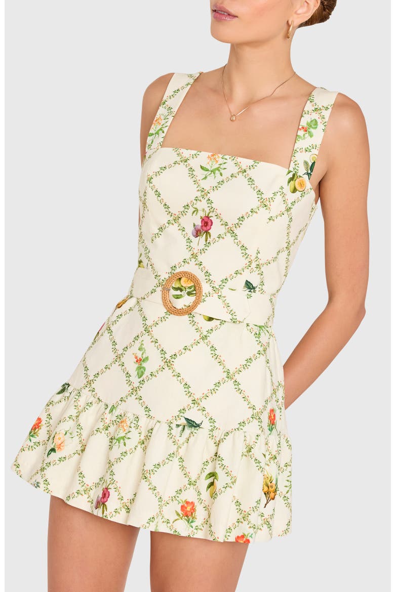 Lena Floral Print Belted Linen Blend Romper, Alternate, color, ALMOND MULTI