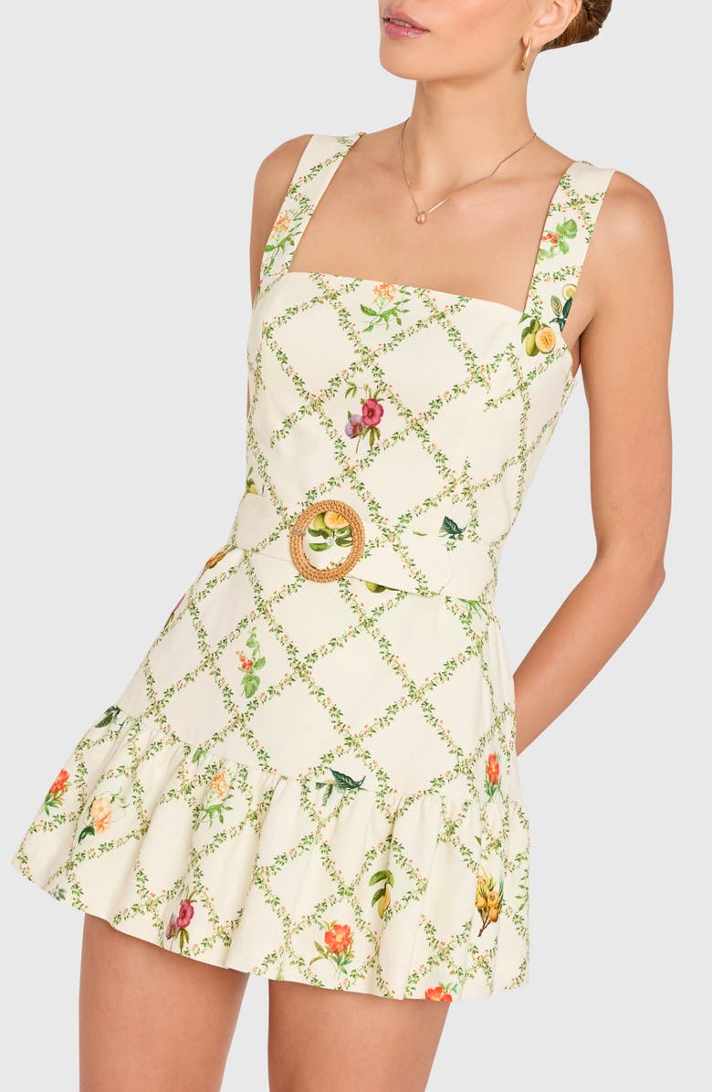 Amanda Uprichard Lena Floral Print Belted Linen Blend Romper, Alternate, color, Almond Multi