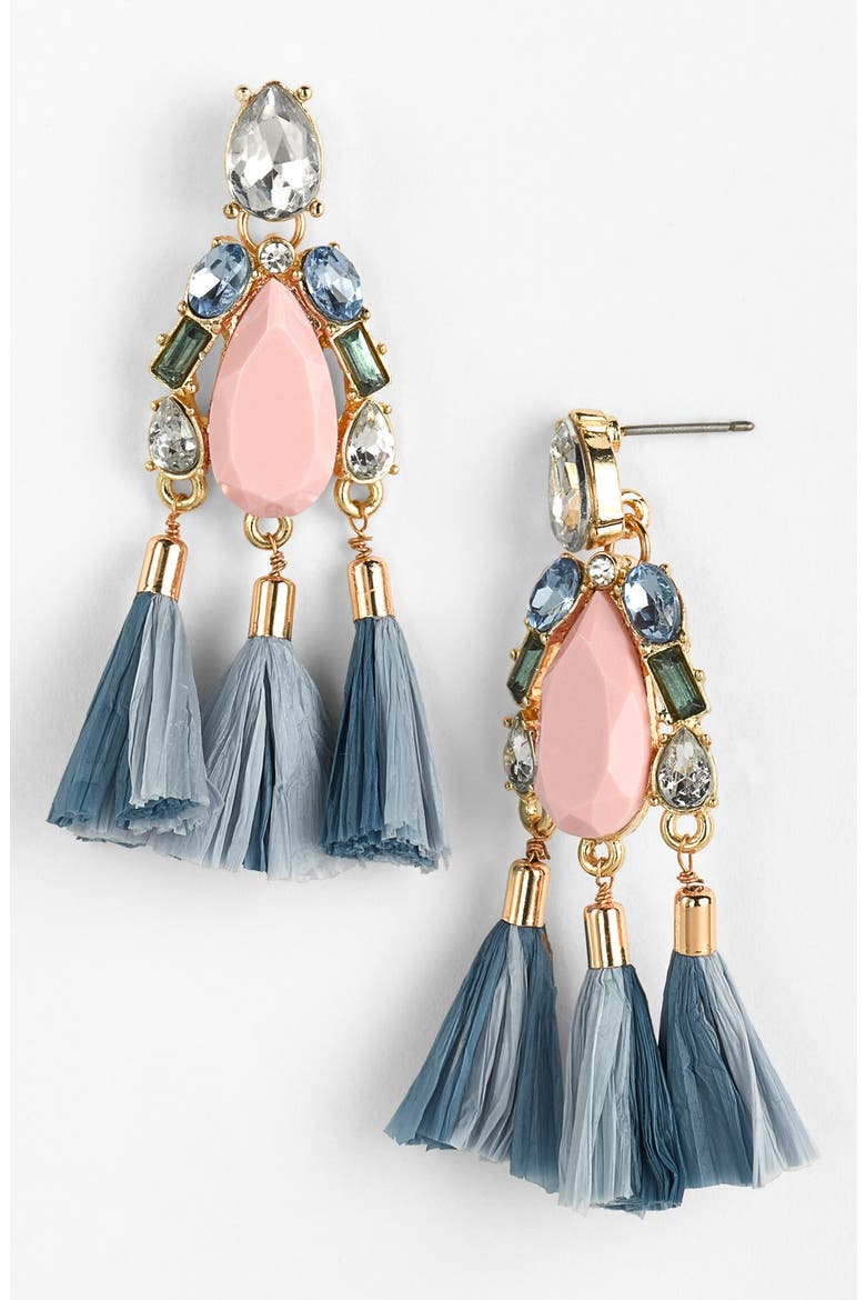 'Raffia Tassel' Mixed Media Drop Earrings, Main, color, BLUE