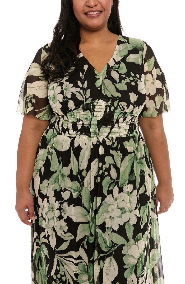 London Times Mesh Flutter Sleeve Maxi Dress, Alternate, color, Black/ Green