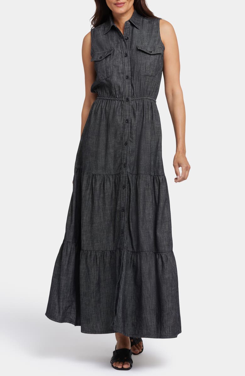 NYDJ Megan Sleeveless Tiered Maxi Dress, Main, color, Black Rinse